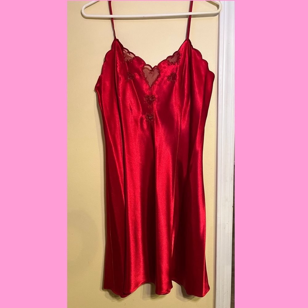 Vintage 80s Lord & Taylor Red Satin Slip Midi Dress with Heart Detailing